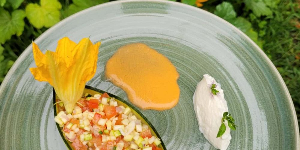 Courgette prise en gelée, sablé à l’origan du jardin