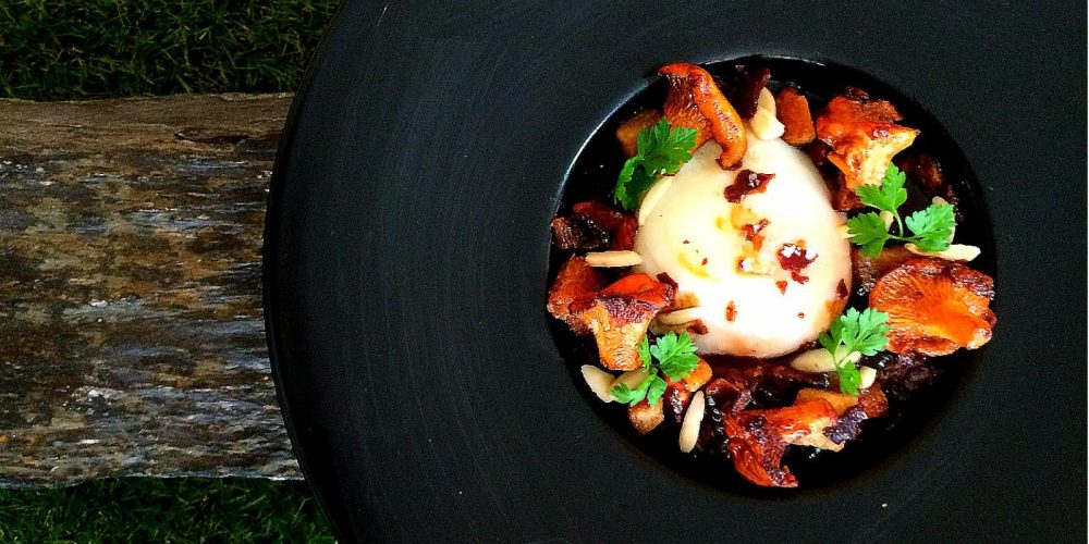 Fricassée de champignons des bois, oeuf parfait et pousses d’épinard au jus vinaigré