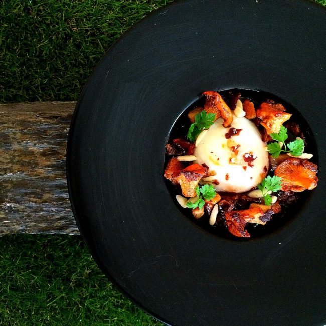 Fricassée de champignons des bois, oeuf parfait et pousses d’épinard au jus vinaigré
