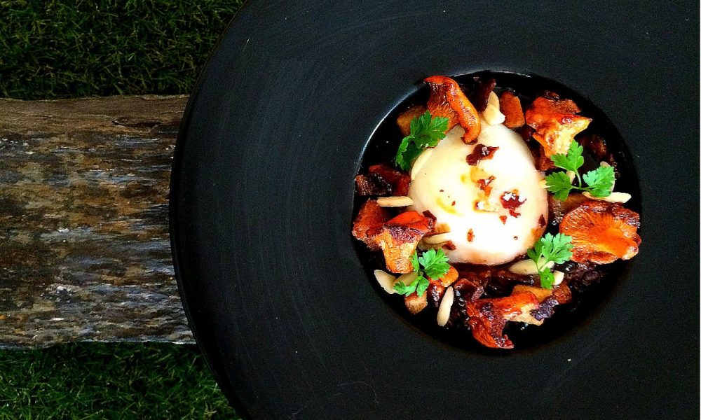 Fricassée de champignons des bois, oeuf parfait et pousses d’épinard au jus vinaigré