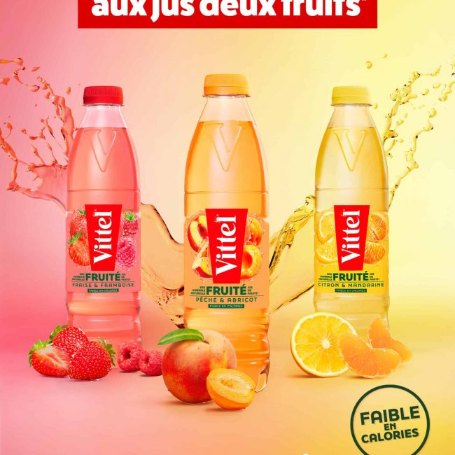 Notre toute nouvelle gamme VITTEL® FRUITÉ aux jus deux fruits
